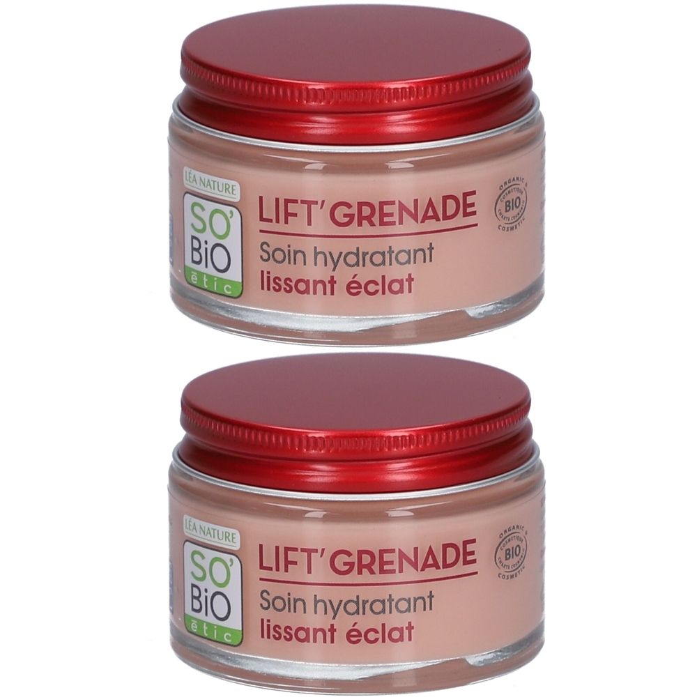 Deux pots en verre avec couvercles rouges. Inscription: SO BIO ETIC, LIFT'GRENADE, Soin hydratant lissant éclat. Label bio.