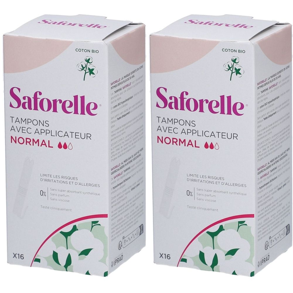 Deux boîtes de tampons avec applicateur. Inscription: Saforelle, Coton Bio, Normal. X16. Risques limités d'irritations et d'allergies.