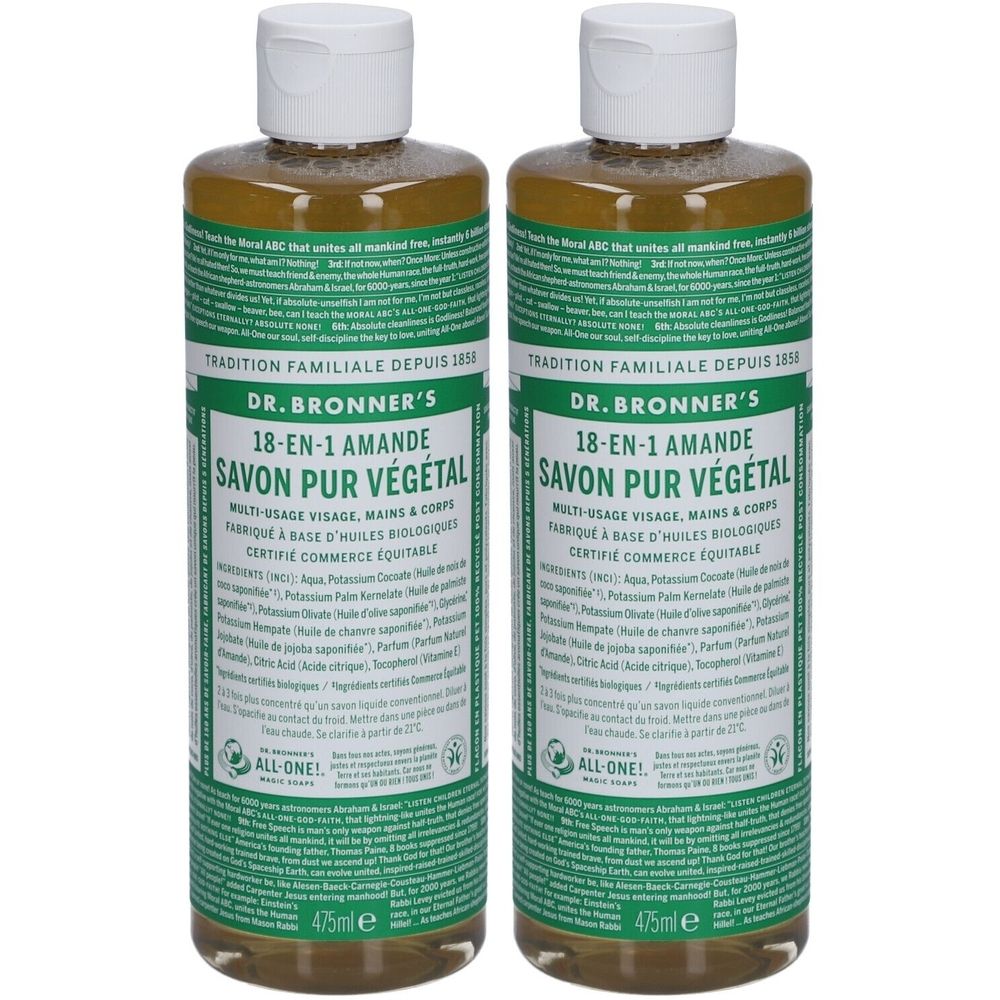 Deux flacons de Savon Pur Végétal DR. BRONNER'S. Étiquettes vertes avec texte. Bouchons blancs. 475ml.