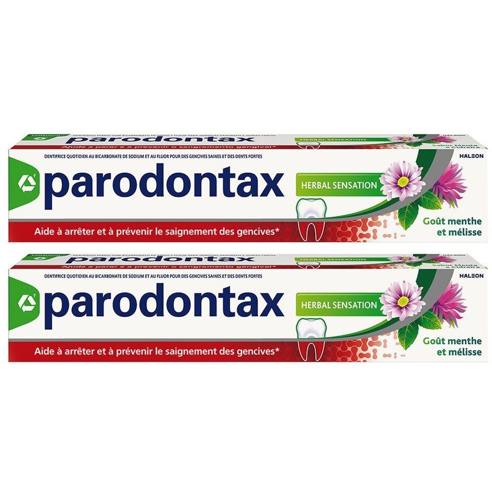 Deux tubes de dentifrice parodontax Herbal Sensation. Texte: Aide à arrêter et à prévenir le saignement des gencives. Goût menthe et mélisse. Logo dent.