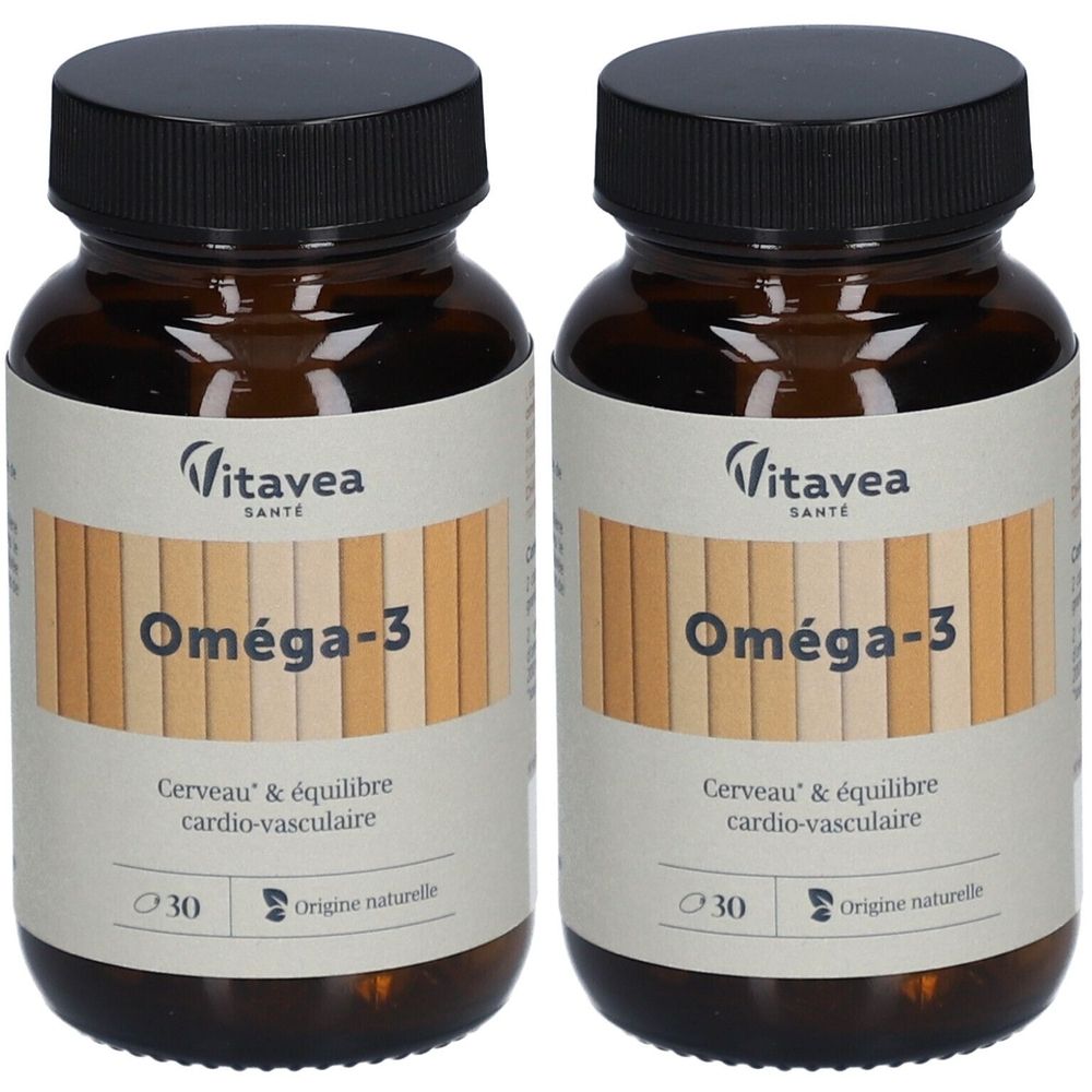 Deux flacons bruns avec bouchons noirs. Étiquettes : "Vitavea Santé Oméga-3". Texte : "Cerveau & équilibre cardio-vasculaire". Contient 30 capsules.