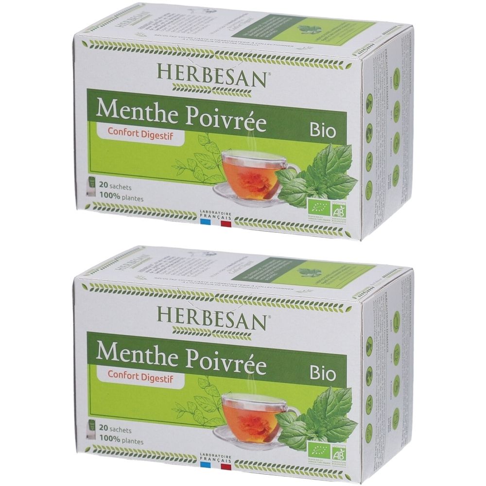 Deux boîtes de Herbesan Menthe Poivrée Bio. Inscription : 20 sachets, 100% plantes. Label Bio. Image d'une tasse de thé à la menthe.