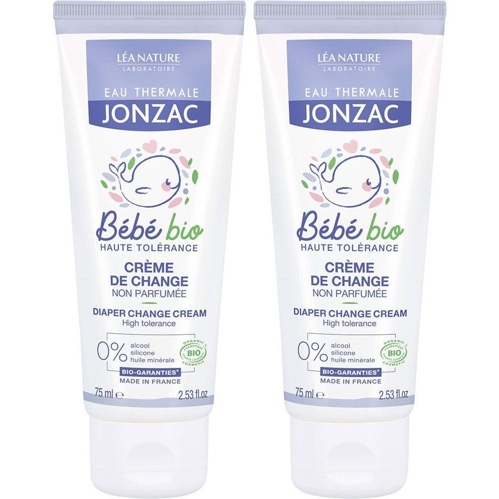 Deux tubes de crème de change Jonzac Bébé Bio. Tubes blancs avec texte bleu et logo. Contient la garantie bio.