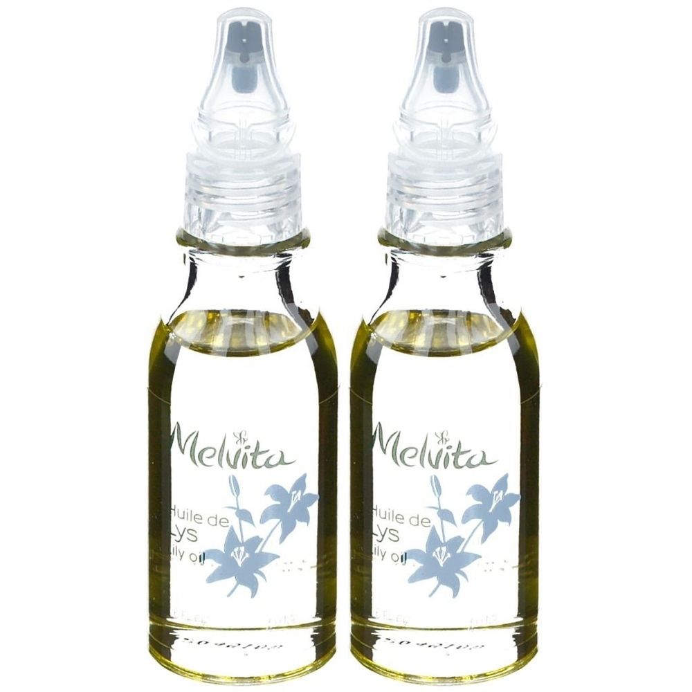 Deux flacons en verre contenant un liquide clair. Inscription Melvita, Huile de Lys, Bio. Bouchon doseur transparent.