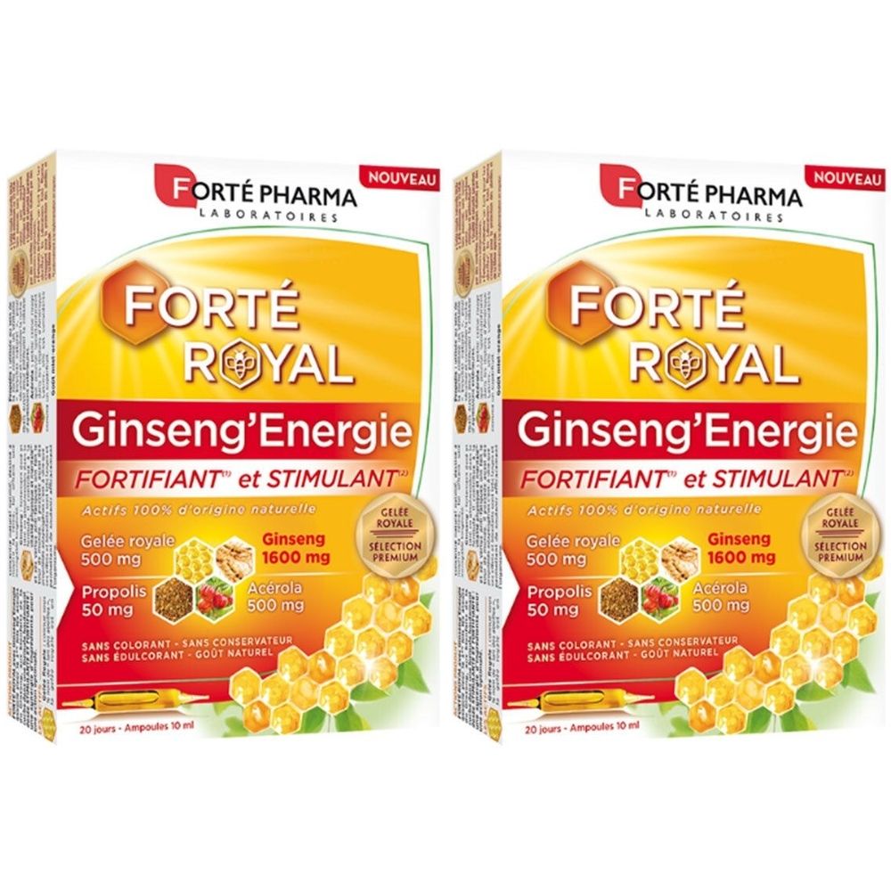 Deux boîtes de Forté Royal Ginseng'Energie. Inscription: Ginseng'Energie, Fortifiant et Stimulant. Contient Gelée Royale, Ginseng, Acerola, Propolis.
