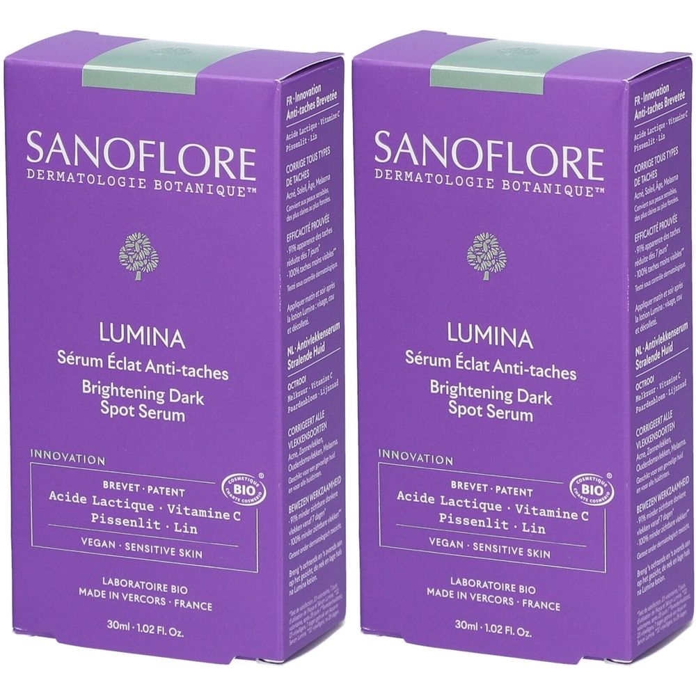 Deux boîtes violettes SANOFLORE LUMINA. Inscription: Sérum Éclat Anti-taches, Brightening Dark Spot Serum. Label Bio.