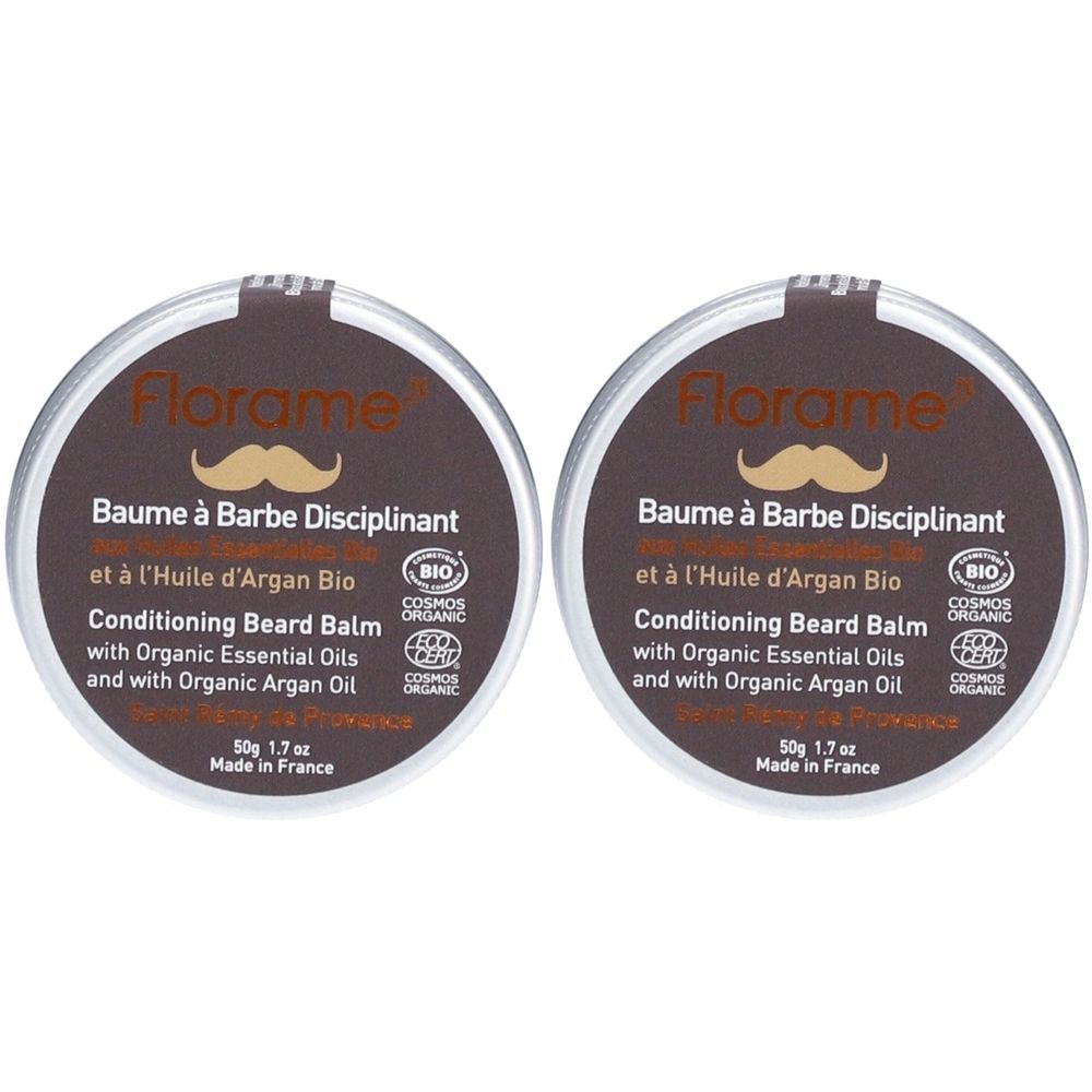 Deux boîtes rondes de Baume à Barbe Disciplinant. Inscription : avec de l'huile d'Argan Bio. Certification COSMOS ORGANIC.