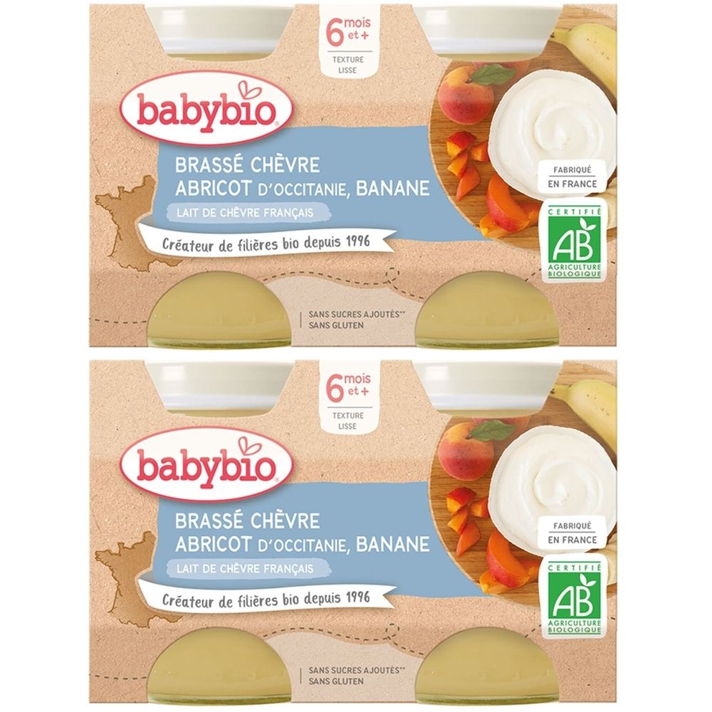 Emballage Babybio. Inscription: BRASSÉ CHÈVRE ABRICOT D'OCCITANIE, BANANE. Contient une certification bio.