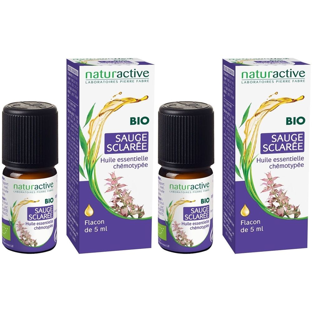 Trois flacons et emballages. Inscription: naturactive, BIO, Sauge Sclarée, Huile essentielle chémotypée. Flacon de 5 ml.