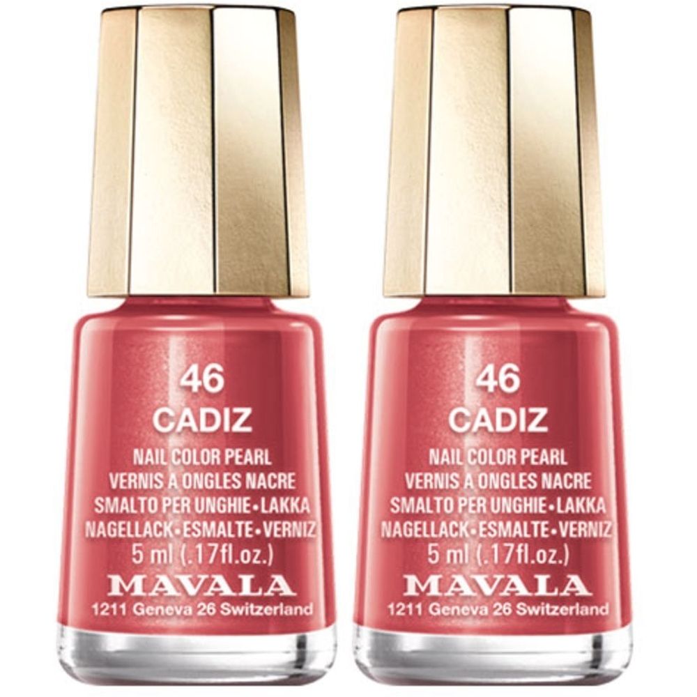 Deux flacons de vernis à ongles rose-rouge, bouchons dorés. Inscription: 46 CADIZ, MAVALA, 5 ml.