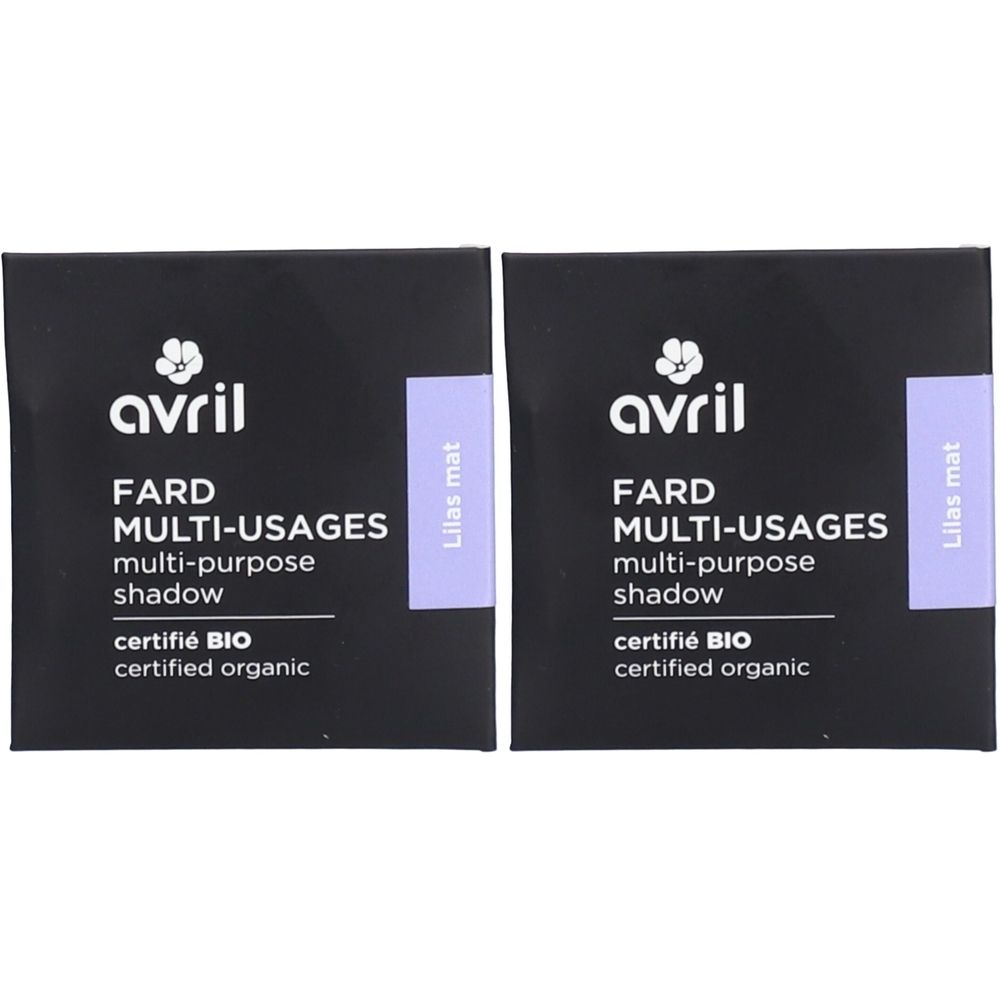 Deux boîtes carrées avec informations produit. Marque Avril, nom Fard Multi-Usages, couleur Lilas Mat, certification bio.