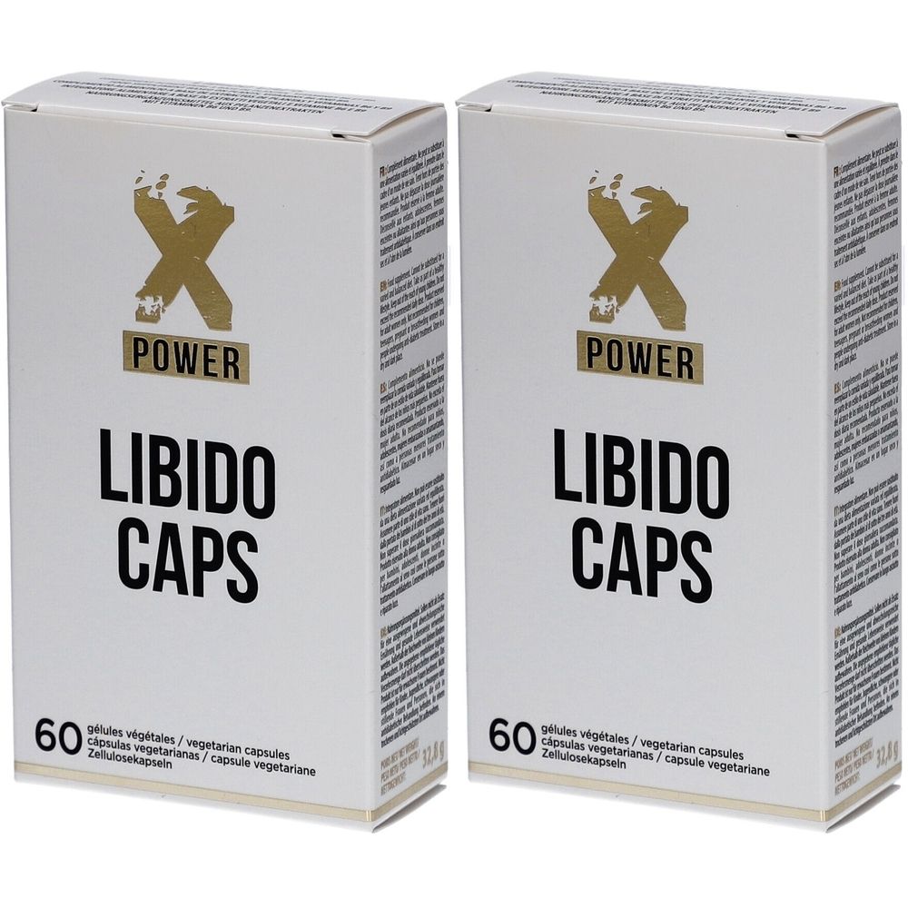 Deux boîtes blanches avec "LIBIDO CAPS". "X POWER" en haut. Chaque boîte contient 60 gélules végétales.