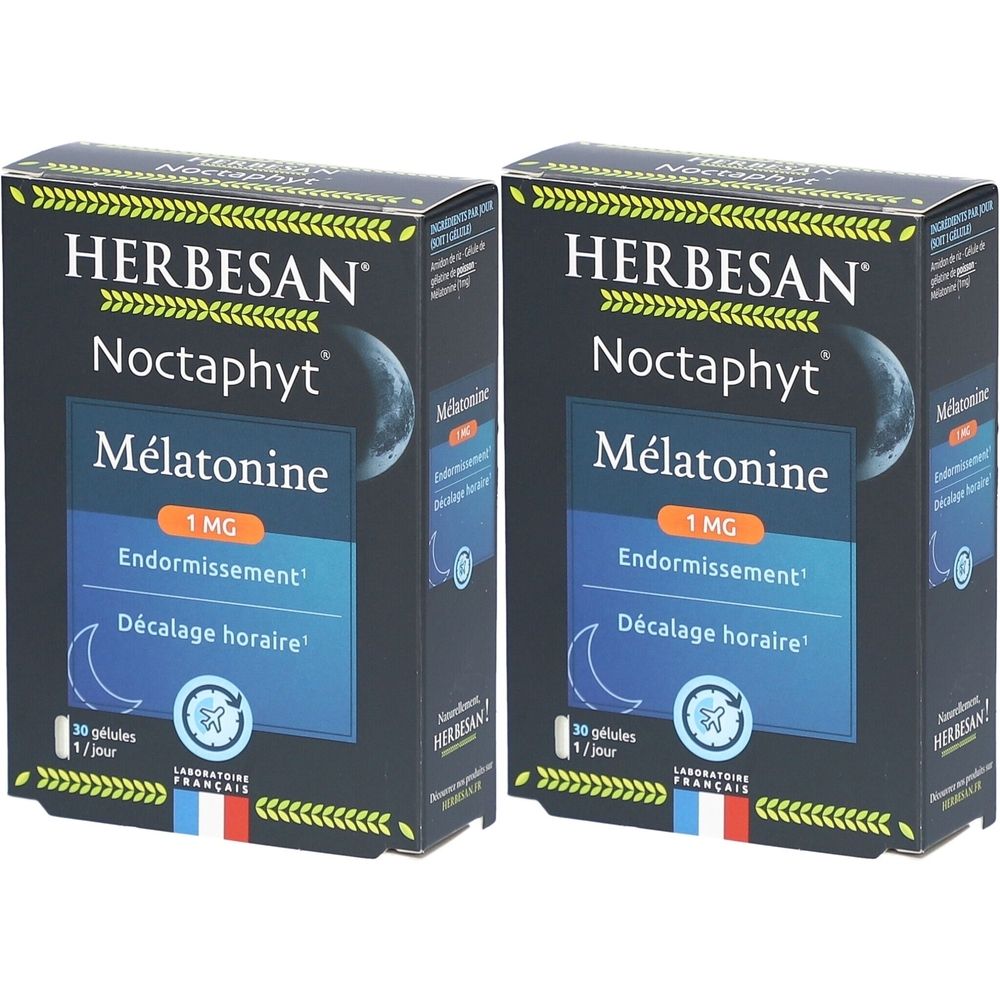 Deux boîtes de Herbesan Noctaphyt. Inscription : Mélatonine 1 MG, Endormissement, Décalage horaire. Emballage de 30 gélules.