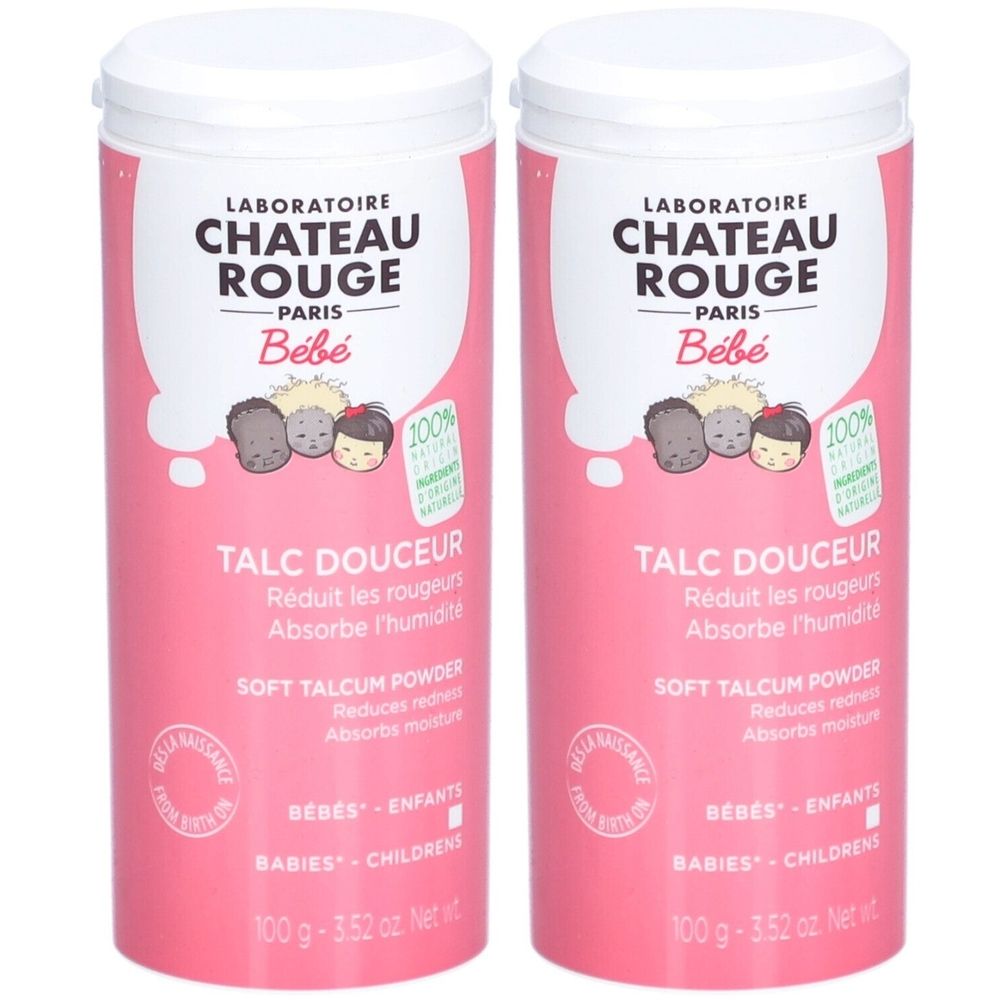 Deux flacons roses avec couvercles blancs. Inscription: Chateau Rouge Bébé Talc Douceur. Contient du talc.