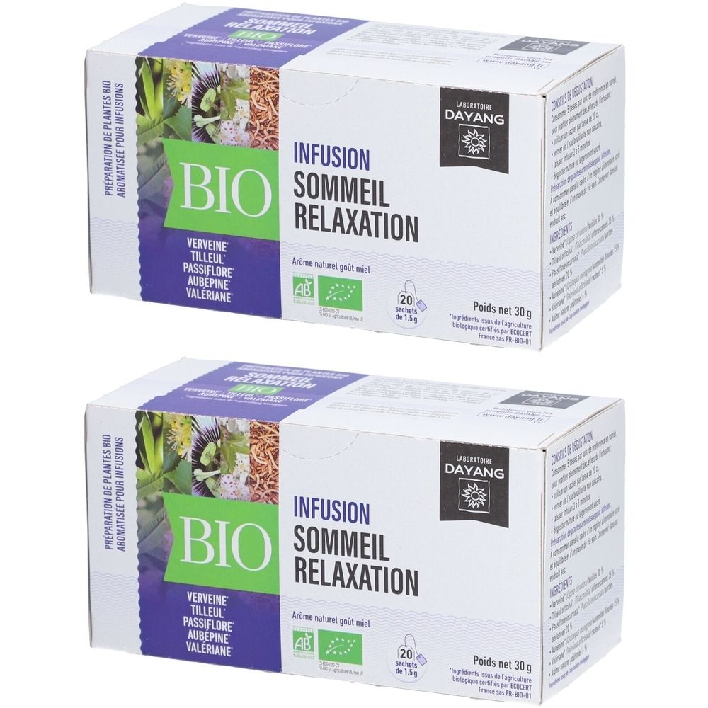 Deux boîtes de DAYANG Infusion Sommeil Relaxation BIO. Inscription BIO, ingrédients : Verveine, Tilleul, Passiflore, Aubépine, Valériane. 20 sachets.