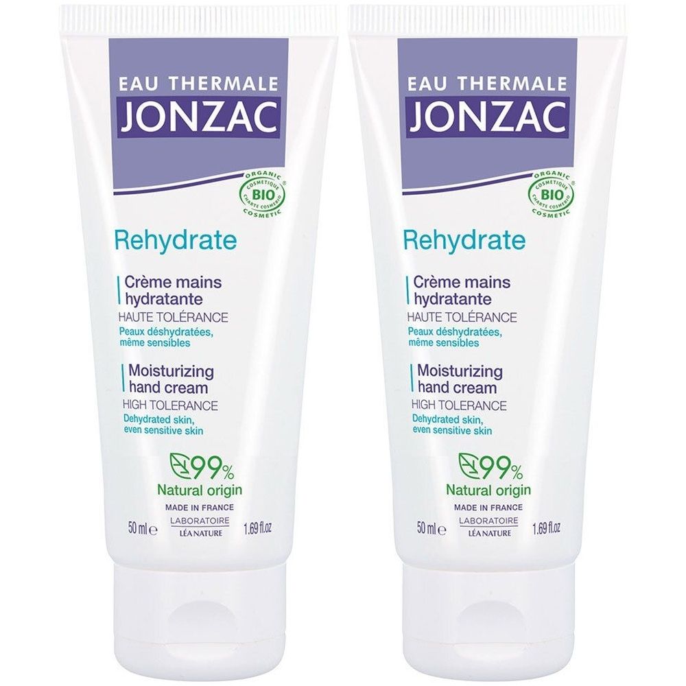 Deux tubes de crème pour les mains. Inscription: Jonzac, Rehydrate, Bio. Contient 99% d'origine naturelle. Fabriqué en France.