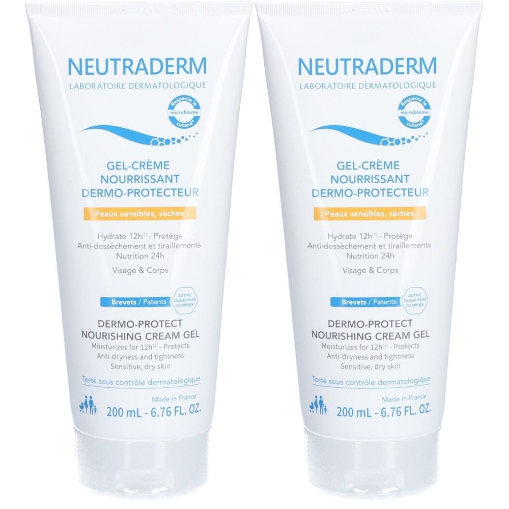 Deux tubes de gel-crème Neutraderm. Tubes blancs avec texte bleu et jaune. Contient des informations sur les ingrédients et le volume.