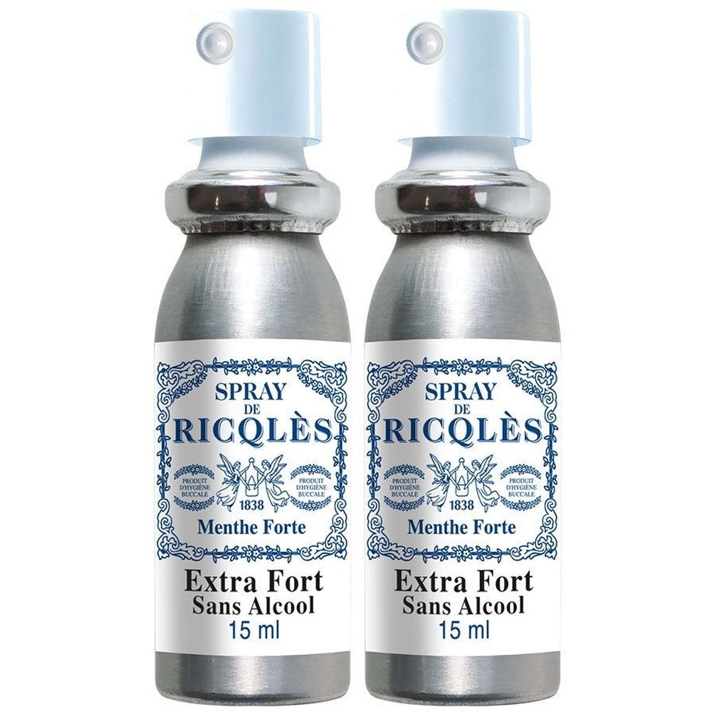 Deux sprays avec étiquettes bleues et blanches. Inscription : Spray de Ricqlès, Menthe Forte, Extra Fort Sans Alcool, 15 ml.