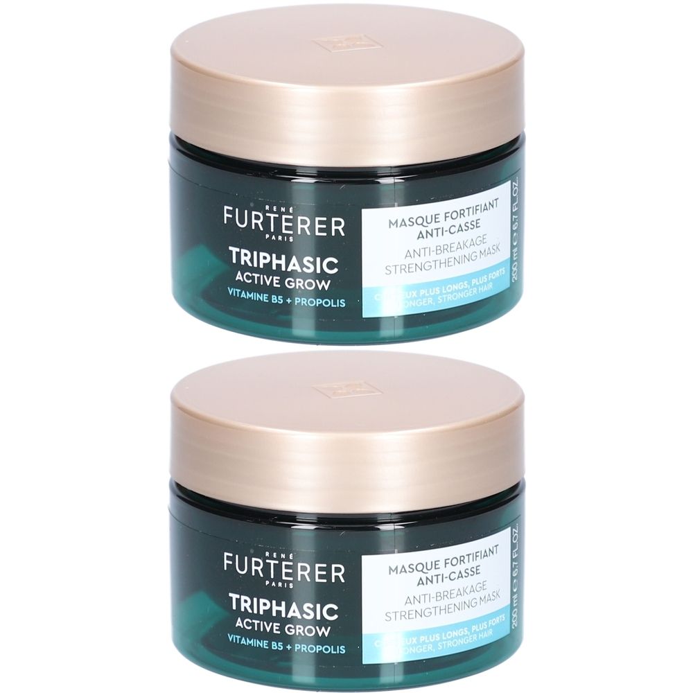 Deux pots avec couvercles dorés. Inscription: FURTERER TRIPHASIC ACTIVE GROW. Masque fortifiant anti-casse. Masque fortifiant.