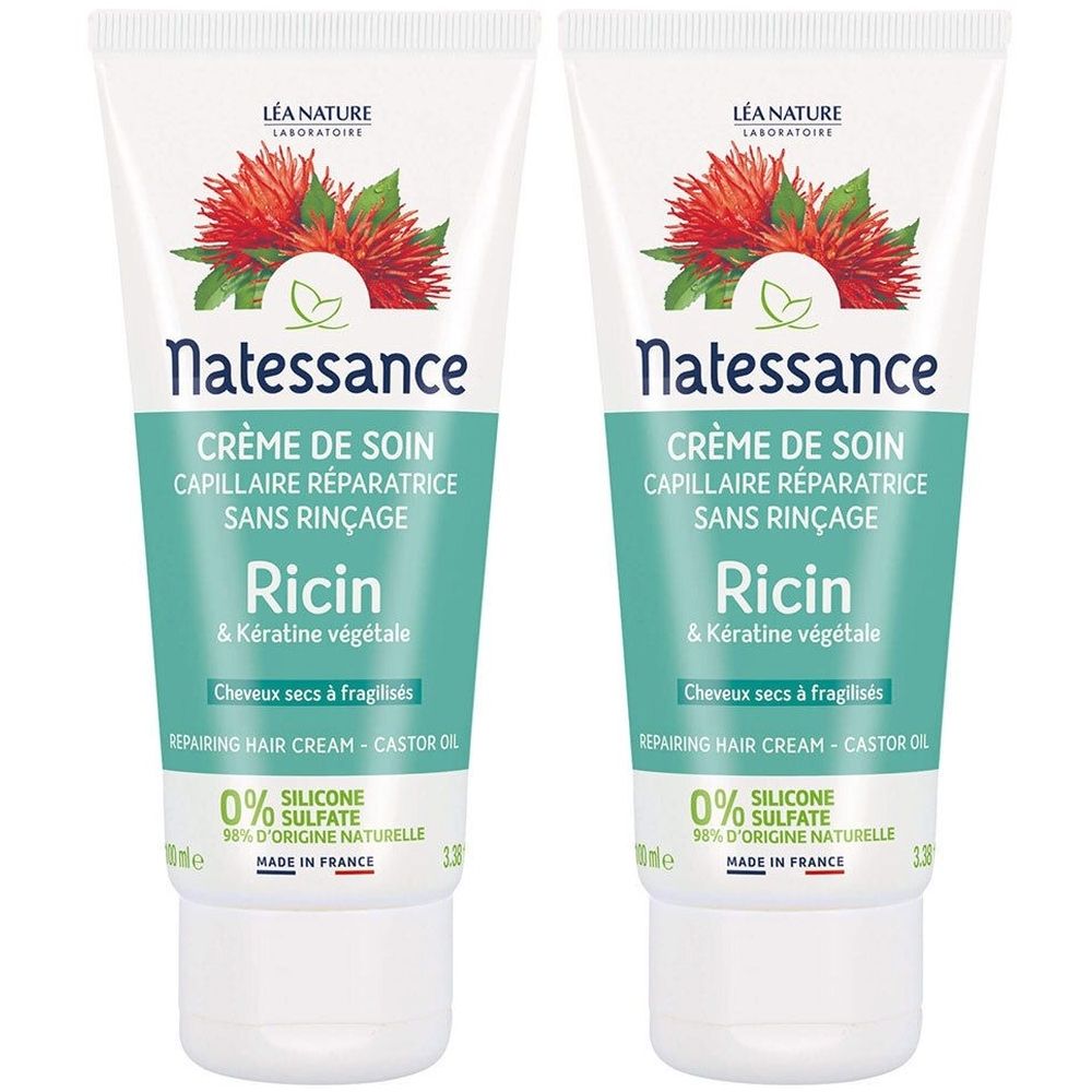 Deux tubes de crème Natessance. Tubes blancs avec étiquettes vertes et blanches. Texte: Ricin & Kératine végétale. 0% silicone, sulfate.