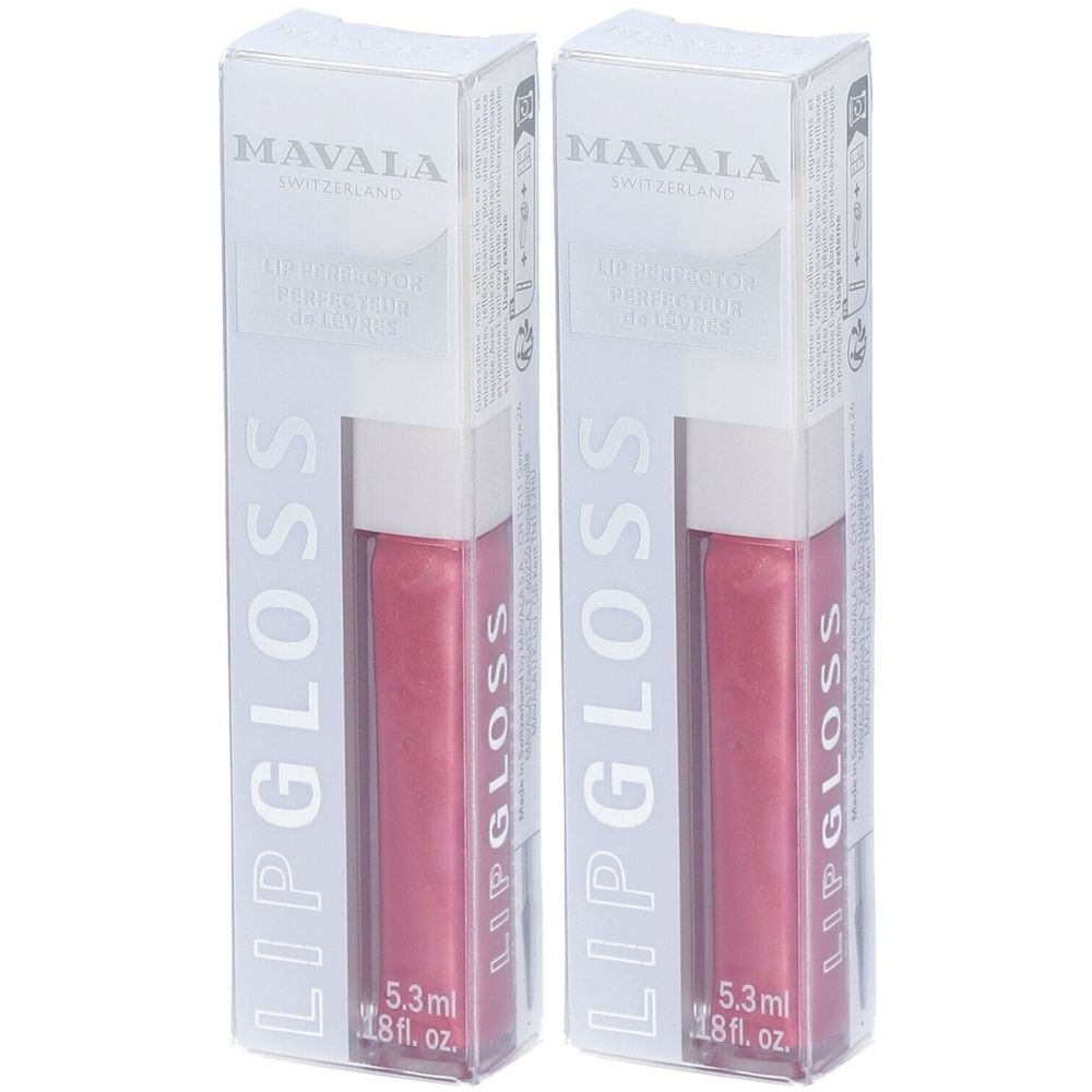 Deux boîtes de gloss. Boîtes blanches avec nom du produit et marque Mavala. Tubes de gloss roses visibles à travers le plastique transparent.