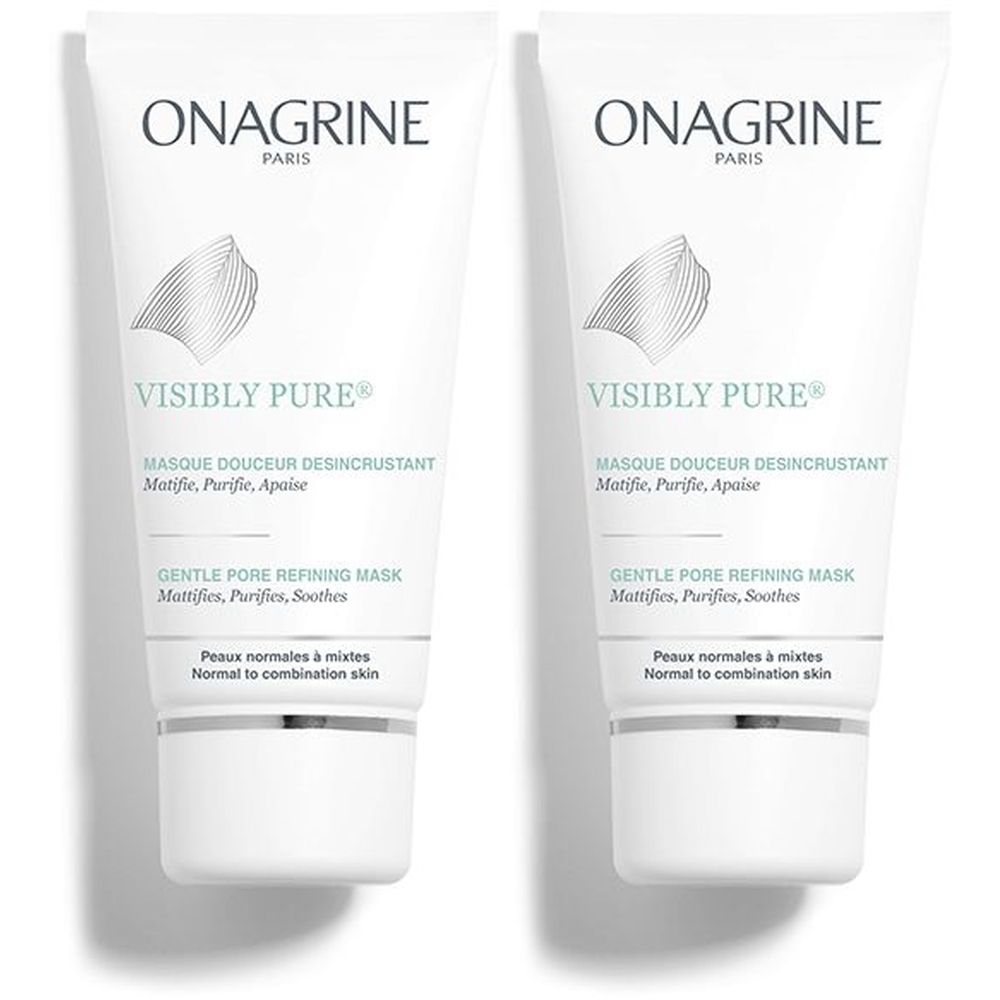 Deux tubes blancs avec texte. ONAGRINE PARIS en haut. VISIBLY PURE, Masque Douceur en dessous. Pour peaux normales à mixtes.