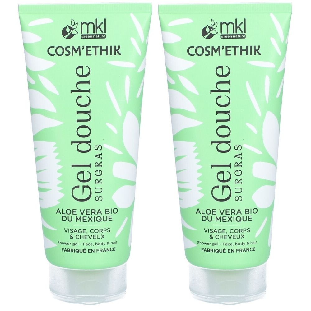 Deux tubes de gel douche verts avec motif floral blanc. Inscriptions : mkl COSM'ETHIK, Gel douche, Aloe Vera Bio du Mexique, Visage, Corps & Cheveux.