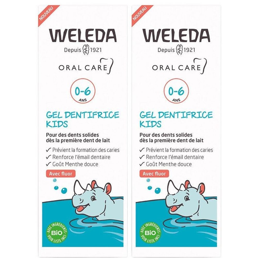 Deux tubes de gel dentifrice pour enfants. Inscription: WELEDA, Oral Care, 0-6 ans. Contient du fluor. Avec label bio. Illustration d'un rhinocéros.