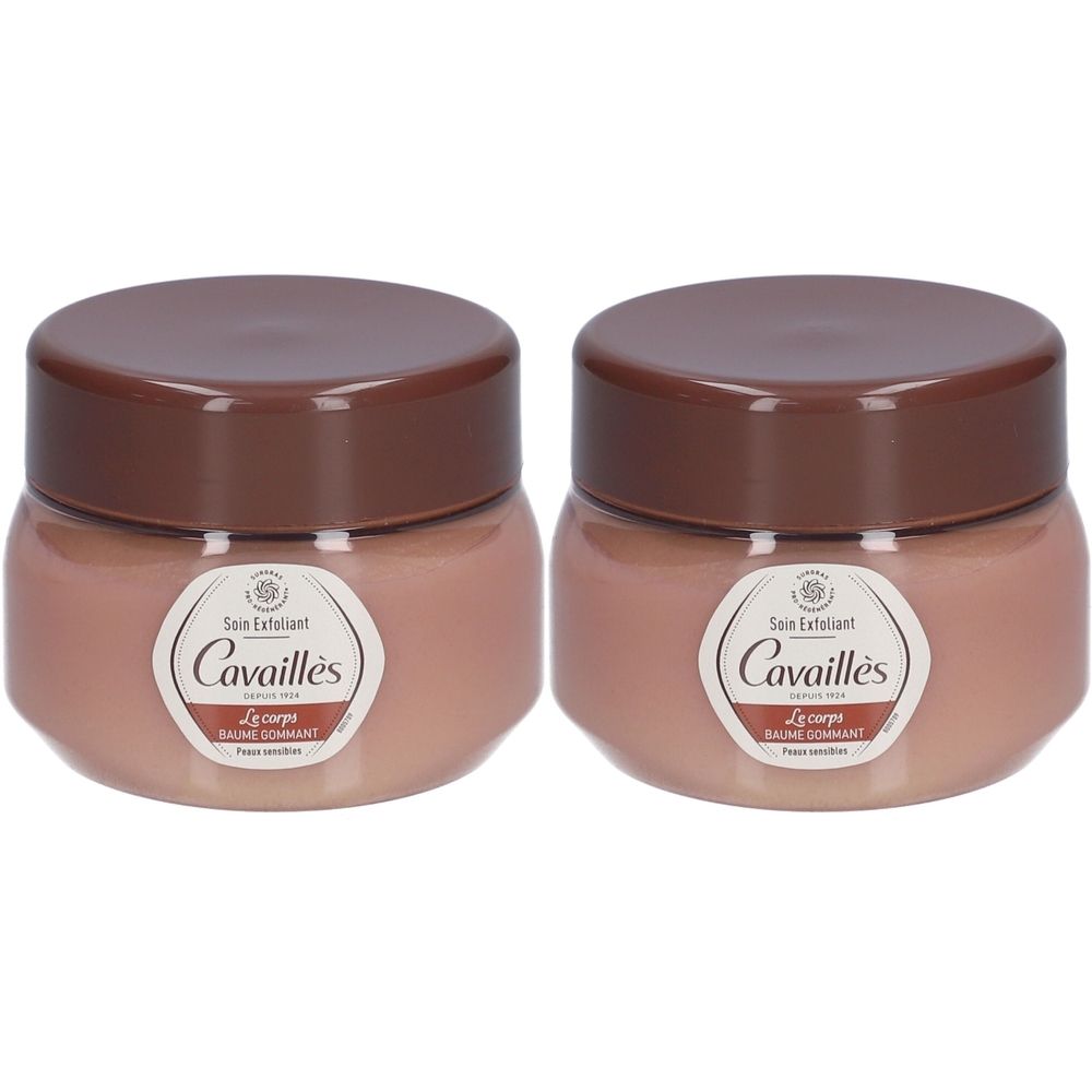 Deux pots avec couvercles marron. Étiquettes : "Cavaillès Le corps Baume Gommant".