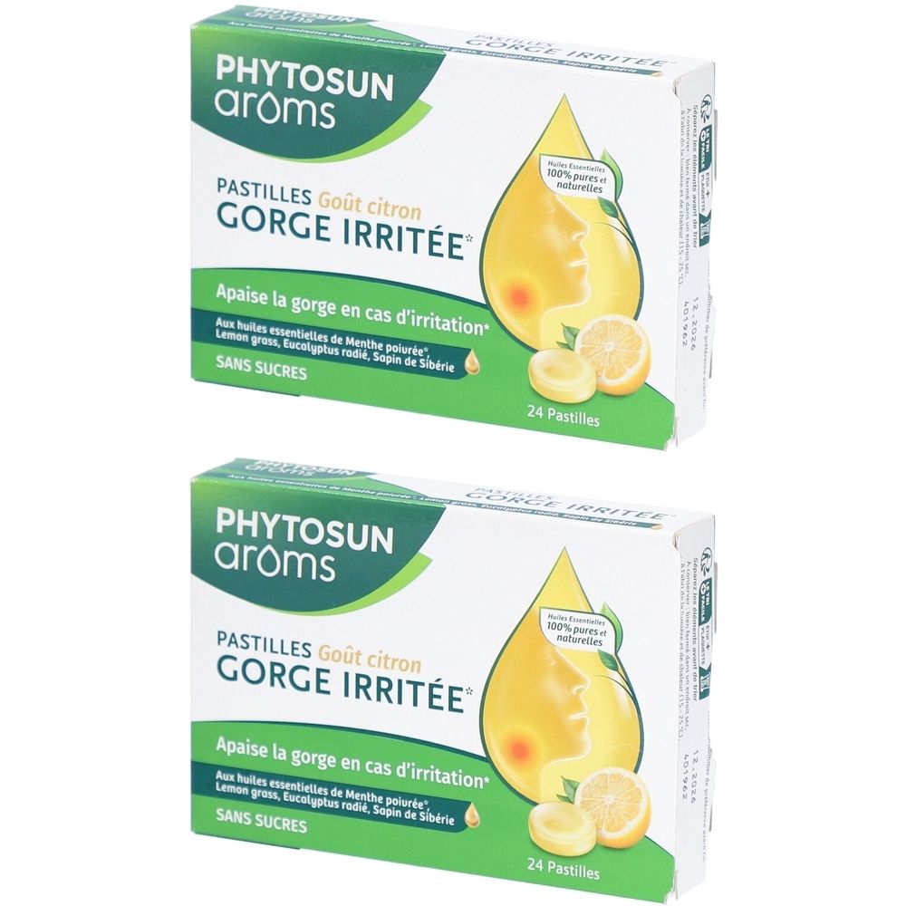 Deux boîtes de Phytosun Aroms Pastilles GORGE IRRITÉE. Inscription : Gout citron, sans sucres. 24 pastilles. Illustration de citron.