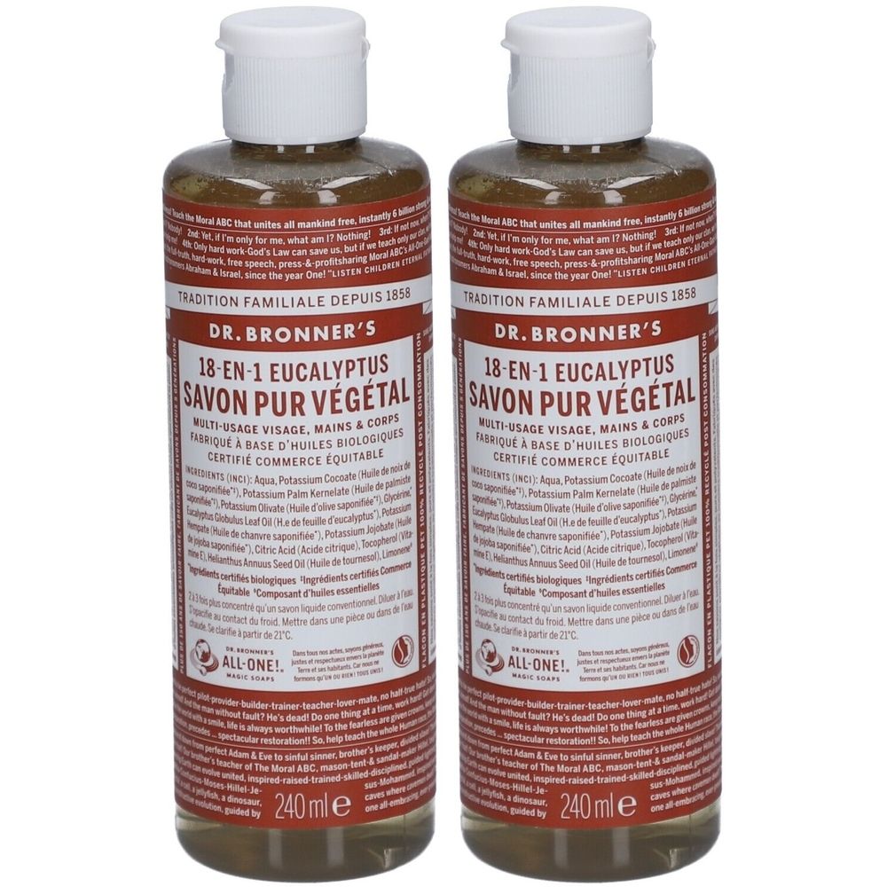 Deux flacons avec bouchons blancs. Inscription : DR. BRONNER'S 18-EN-1 EUCALYPTUS SAVON PUR VÉGÉTAL. 240 ml.