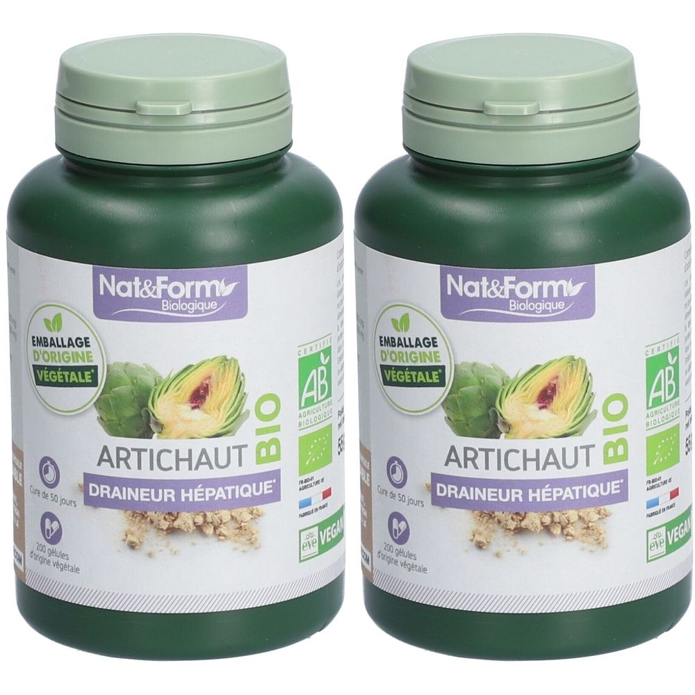 Deux flacons verts avec couvercles. L'étiquette indique "ARTICHAUT" et "DRAINEUR HÉPATIQUE". Le logo "AB BIO" est également visible.