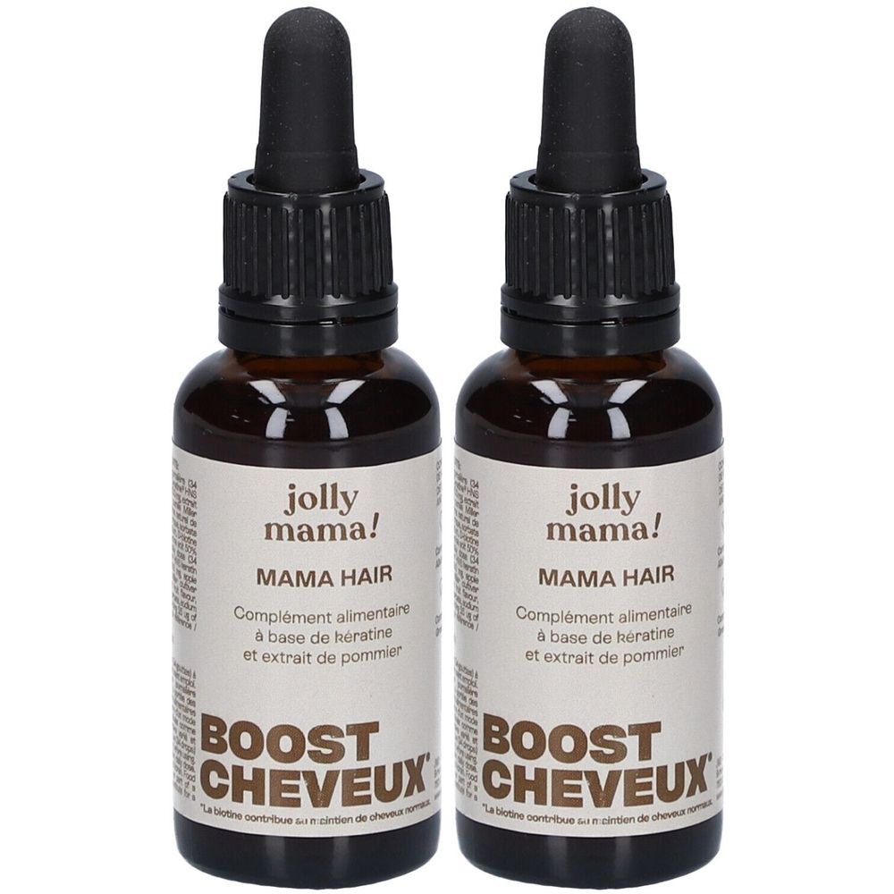 Deux flacons bruns avec des pipettes noires. Les étiquettes indiquent "jolly mama! MAMA HAIR" et "BOOST CHEVEUX".