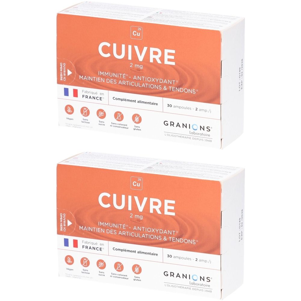 Deux boîtes de "CUIVRE". Façade orange avec texte blanc. Contient 2 mg. Fabriqué en France. Marque : GRANIONS.