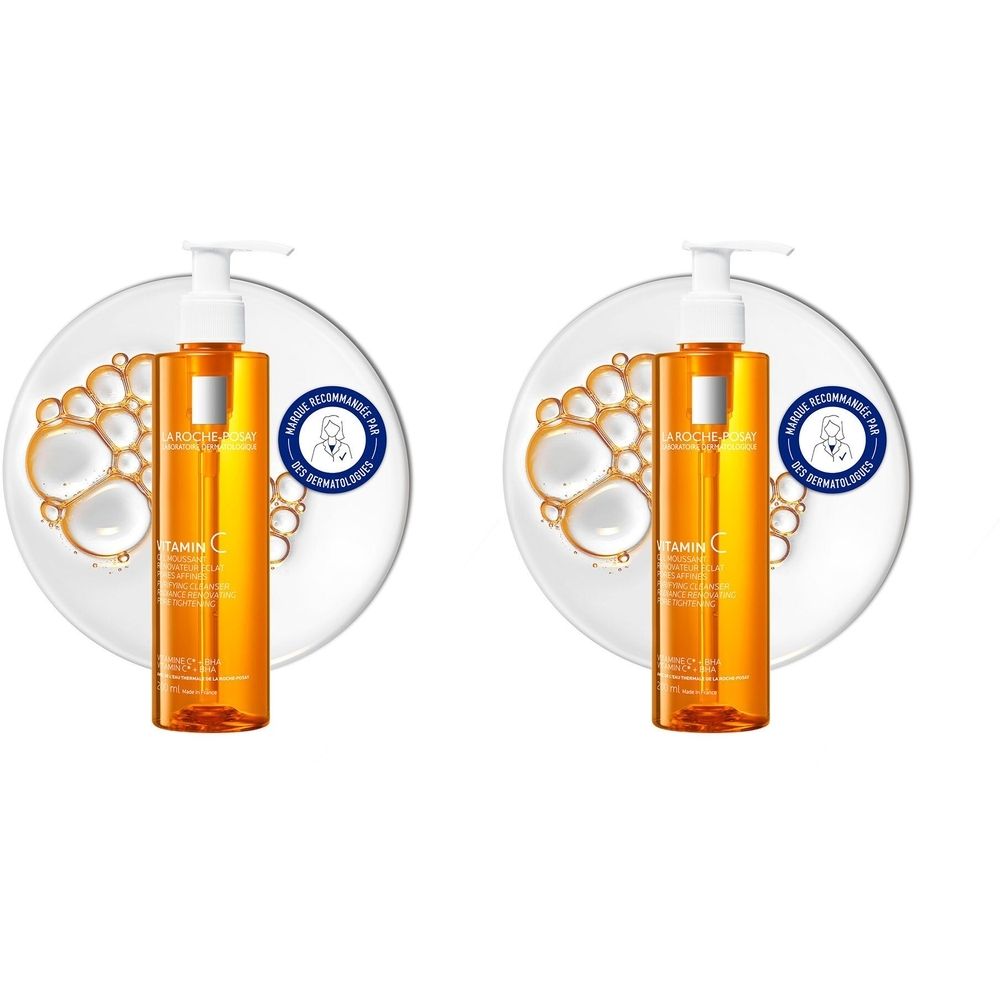 Deux flacons de Gel Moussant Vitamine C LA ROCHE-POSAY. Liquide orange dans des flacons transparents avec pompe blanche.