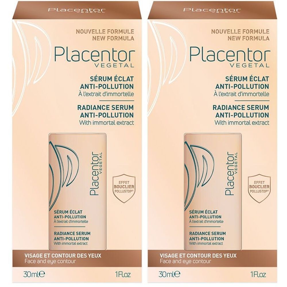Deux boîtes de produit. Inscription: Placentor VEGETAL, Sérum Éclat Anti-Pollution. Contient un flacon de sérum. 30ml et 1 Fl.oz.