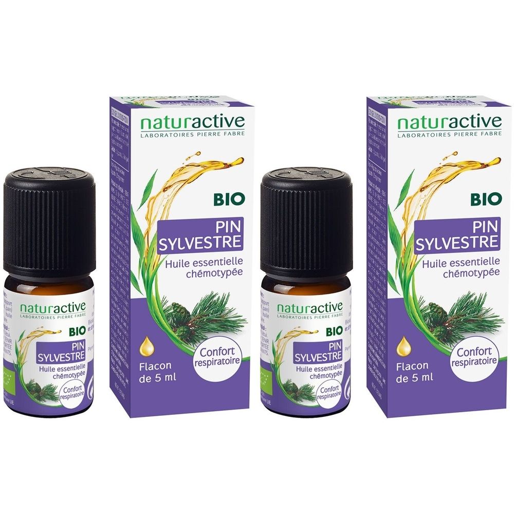 Trois flacons et emballages. Inscription: naturactive BIO Pin Sylvestre, Huile essentielle chémotypée. Flacon de 5 ml. Confort respiratoire.