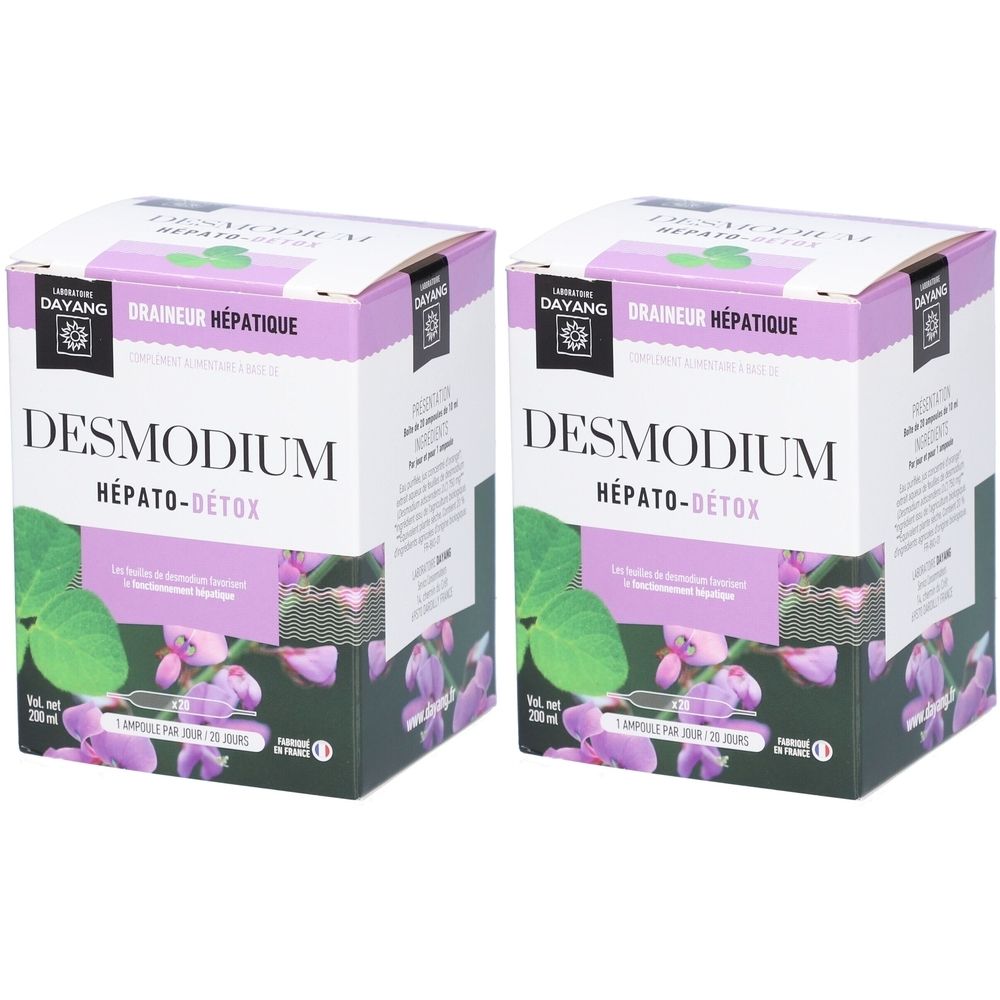 Deux boîtes DESMODIUM HÉPATO-DÉTOX. Marque DAYANG. Emballage violet et vert avec éléments floraux.