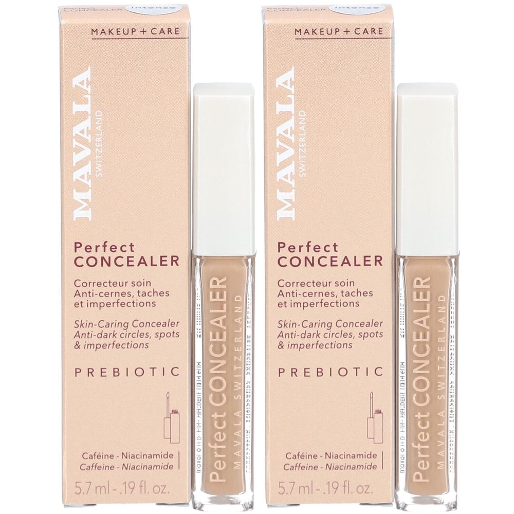 Deux produits Mavala Perfect Concealer Intense avec emballage. Inscription: Perfect Concealer, anti-cernes, Prébiotique. 5,7 ml.