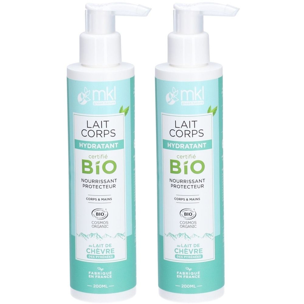 Deux flacons de MKL Lait Corps Hydratant Bio. Étiquettes vert clair avec texte blanc. Certifié bio et lait de chèvre.