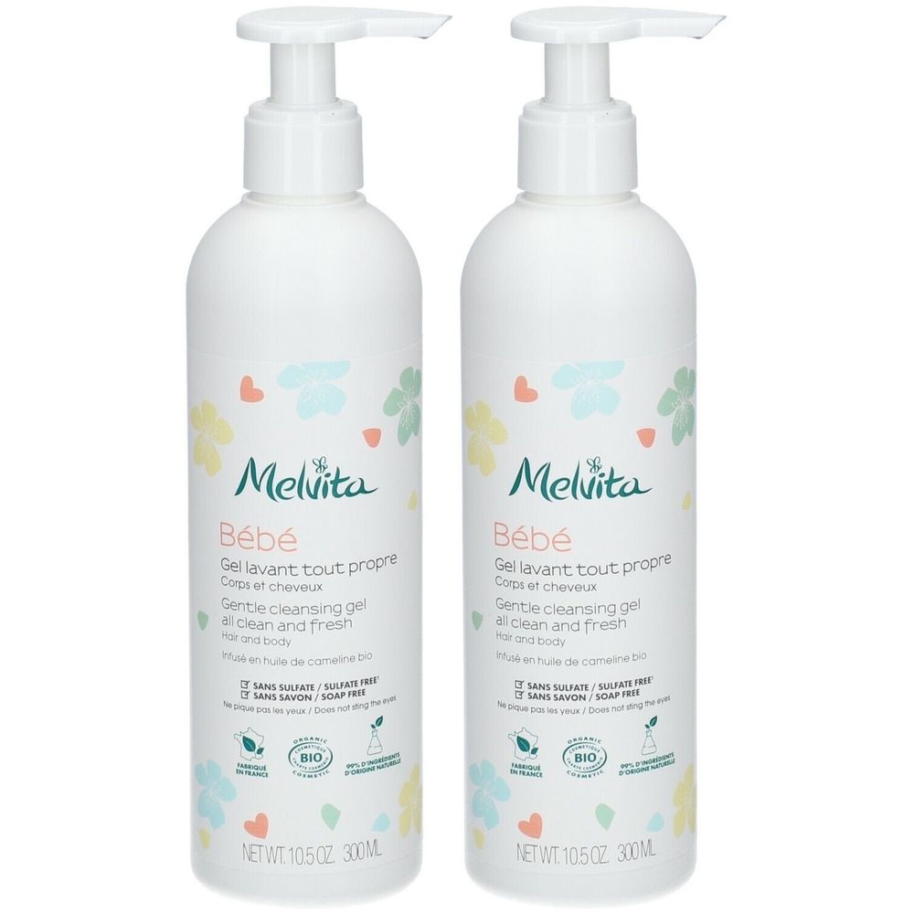 Deux flacons blancs avec pompe. Inscription: Melvita Bébé, Gel lavant tout propre, certification BIO.