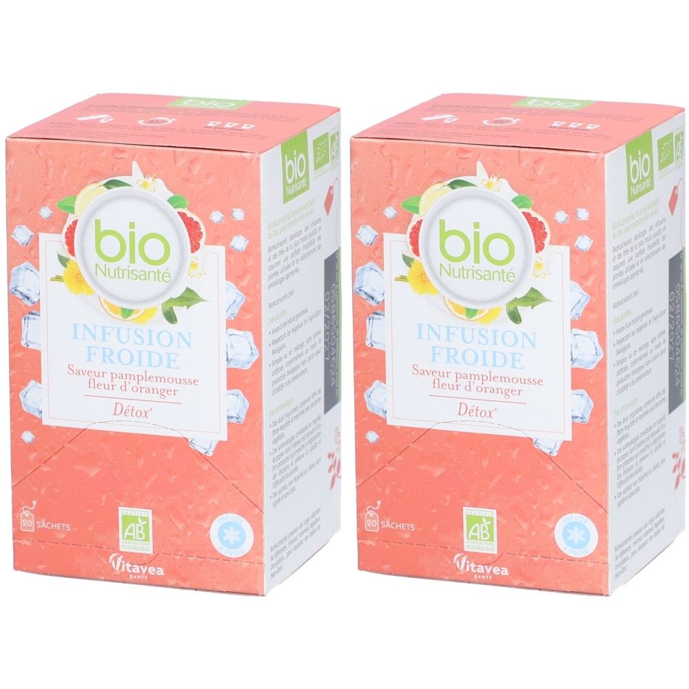 Deux boîtes de thé. Inscription: bio, Infusion Froide, Detox. Saveur pamplemousse & fleur d'oranger. Label AB.