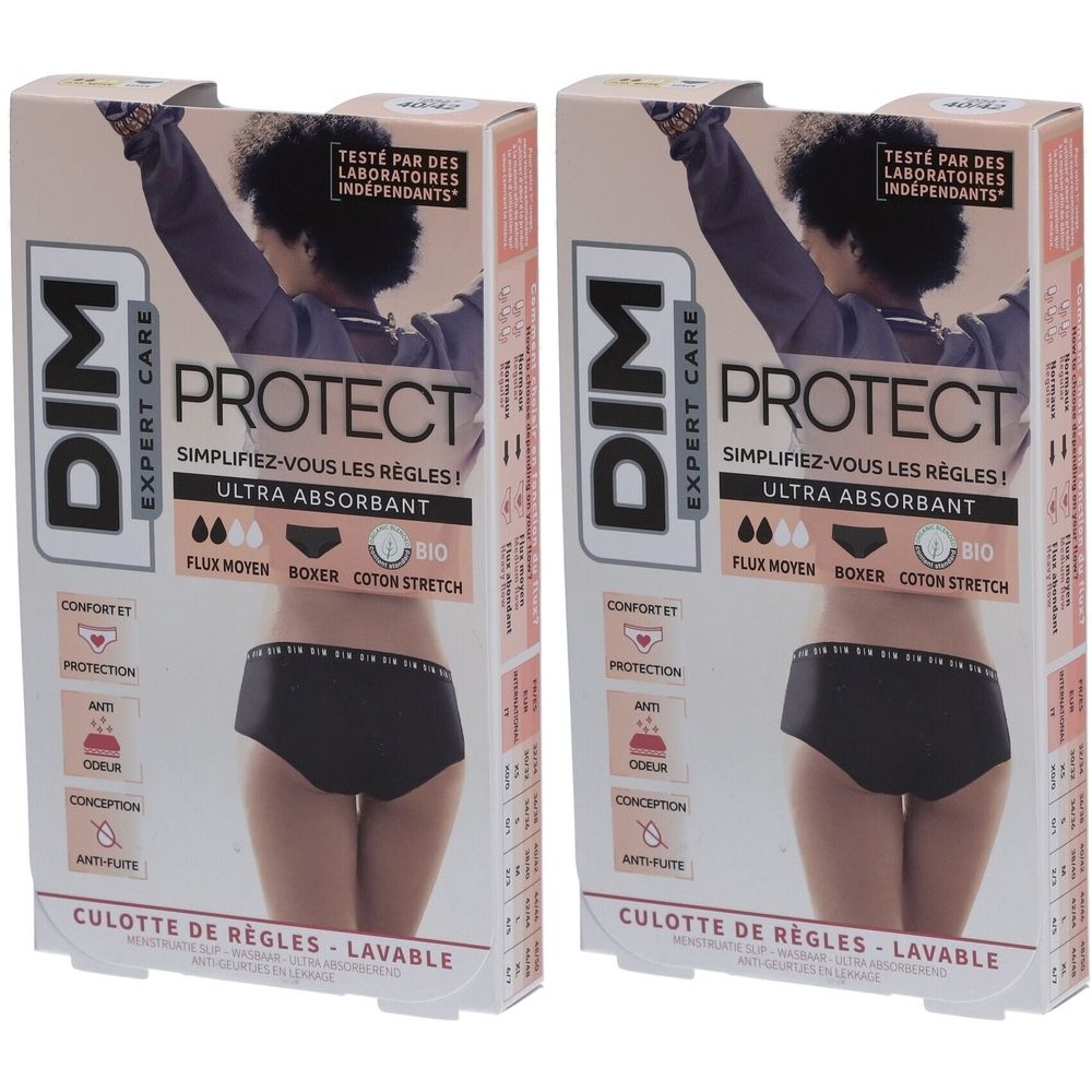 Deux boîtes de culottes menstruelles lavables noires. Inscriptions : DIM, PROTECT, ultra absorbant, coton bio. Boxer.