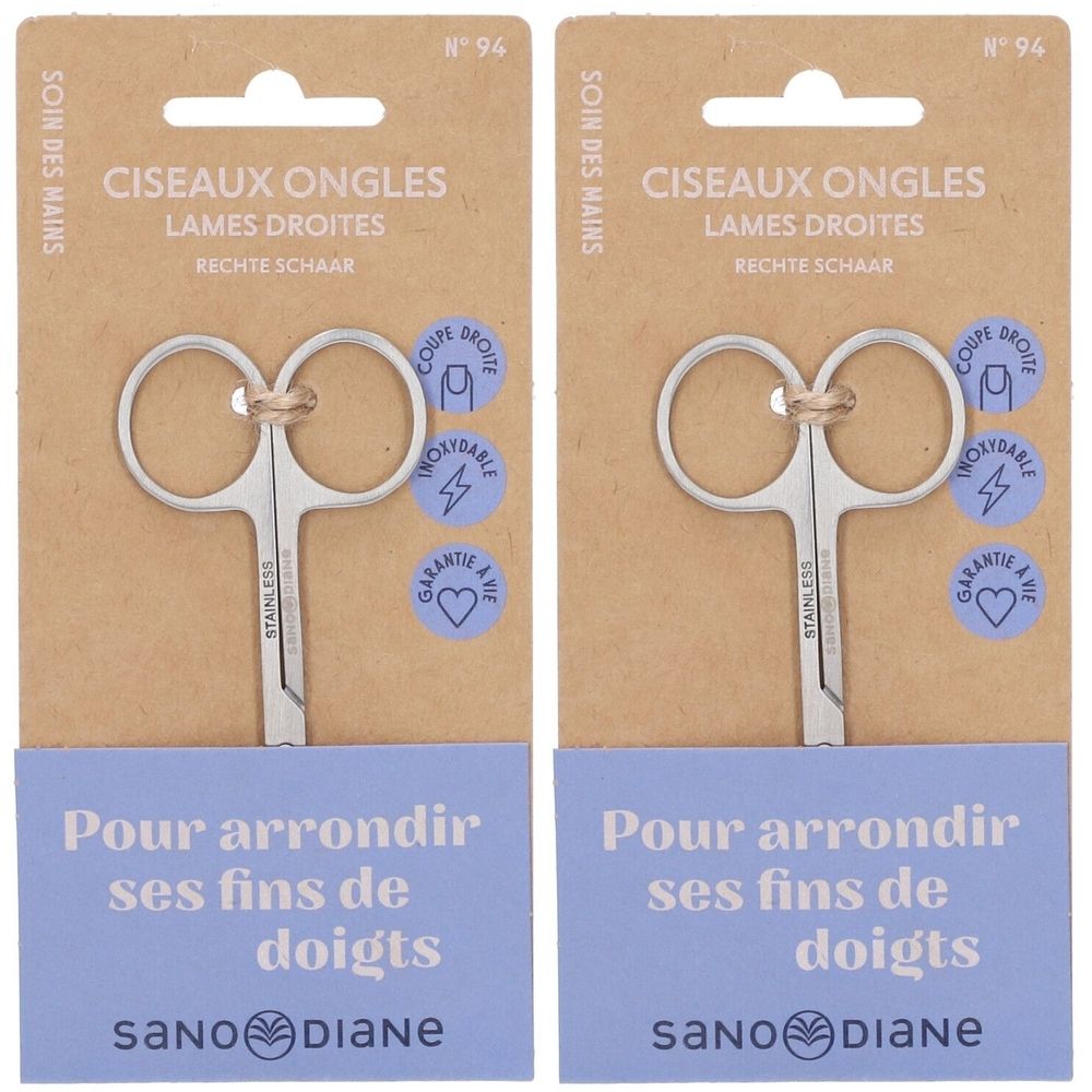 Deux ciseaux à ongles sur emballage. Inscription: Ciseaux Ongles, Lames droites, Garantie à vie. Marque: SANODIANE.