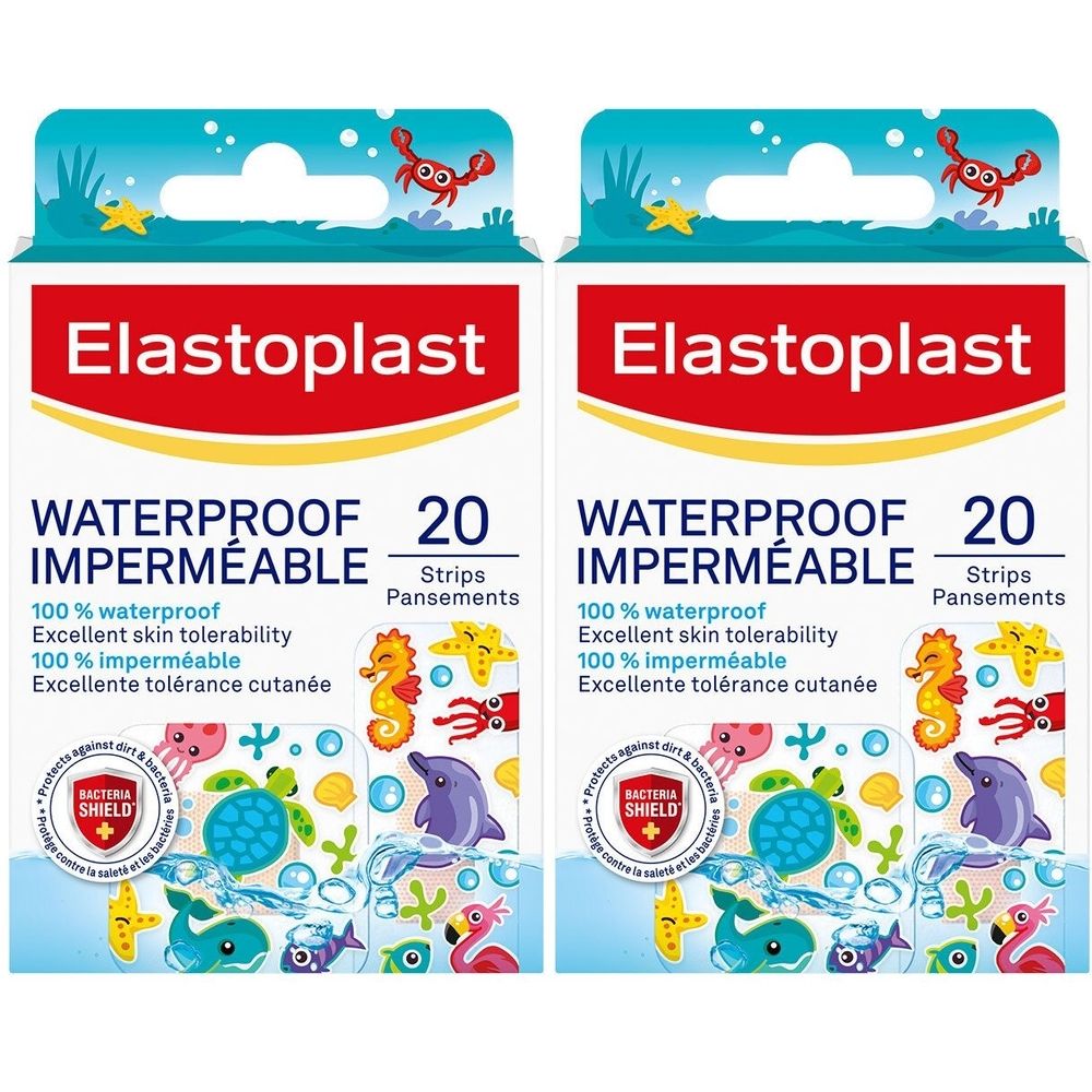 Deux boîtes de pansements Elastoplast. Inscription: WATERPROOF IMPERMÉABLE. 20 strips. Motifs marins. Contient Bactina Shield.
