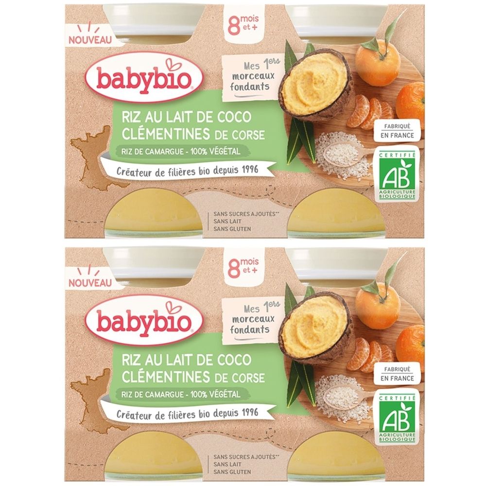 Deux boîtes de Babybio riz au lait de coco clémentines. Inscriptions : 8 mois+, certification AB, sans sucres ajoutés, sans lait, sans gluten.