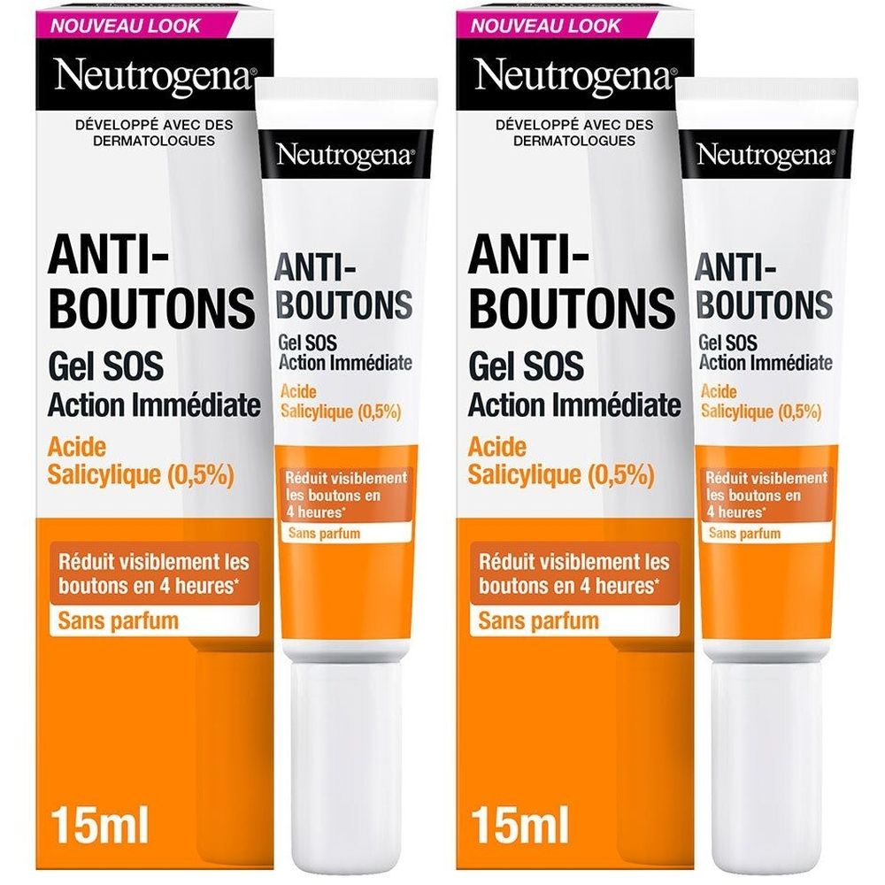 Deux tubes et emballages de Neutrogena Gel SOS Anti-Boutons. Tubes blancs avec emballage orange. Texte: Anti-Boutons, Gel SOS, 15 ml.