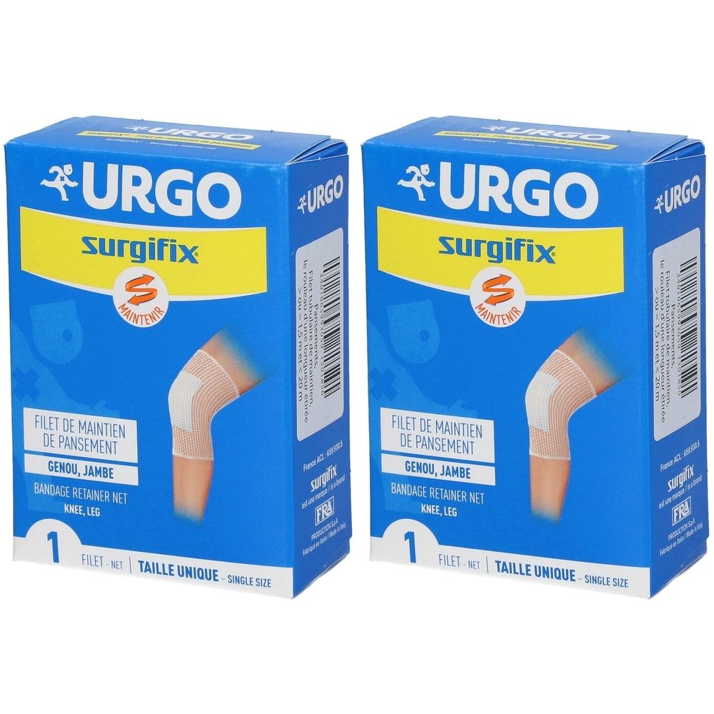Deux boîtes bleues URGO Surgifix. Inscription : Filet de maintien de pansement, genou, jambe. Illustration d'un genou avec bandage filet.