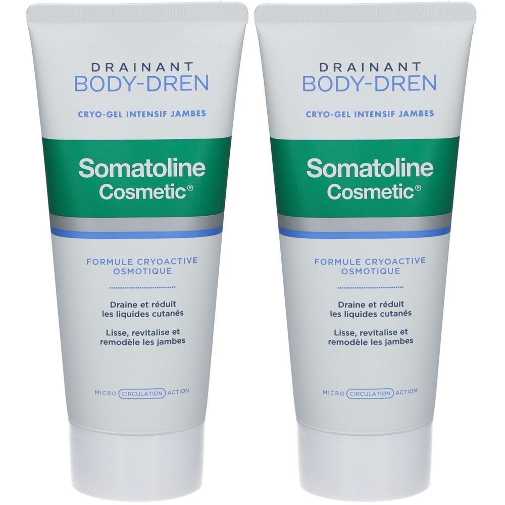 Deux tubes blancs côte à côte. Inscription: DRAINANT BODY-DREN, Somatoline Cosmetic. Texte: Formule Cryoactive Osmotique.