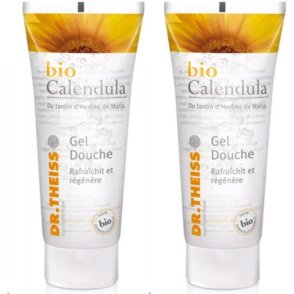 Deux tubes de gel douche. Inscription : bio Calendula, Gel Douche, DR. THEISS. Avec label bio et motif tournesol.